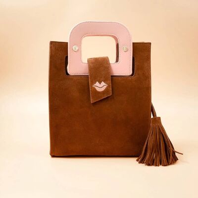 ARTIST camel suede handbag, handles and pink mouth embroidery