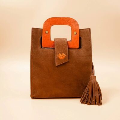 ARTISTE camel suede leather handbag, orange handles and mouth embroidery