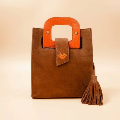 ARTISTE Handtasche aus Kamel-Wildleder, orangefarbene Griffe und Mundstickerei