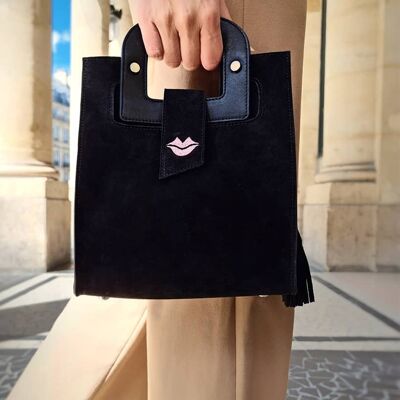 ARTIST black suede handbag, pink mouth embroidery