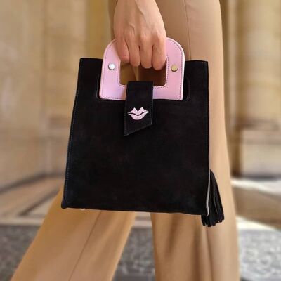 ARTIST black suede handbag, handles and pink mouth embroidery
