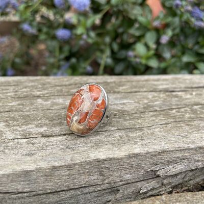 Adjustable oval stone ring in natural breccia jasper