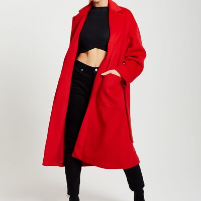 Liquorish Belted Longline Coat in Red