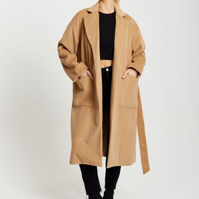 Cappotto lungo con cintura Liquorish color cammello