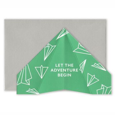 Lass das Abenteuer beginnen Papierflugzeugkarte