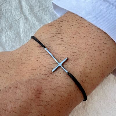 Black Cross Bracelet Men, Black Cord Bracelet, Cross Jewelry, Gift for Him, Made From Sterling Silver 925, Made in Greece.