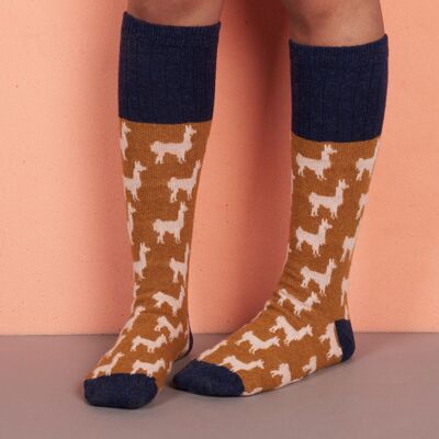 Women's Lambswool Boot Socks llama - mustard