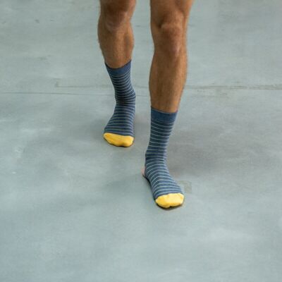 Fine Striped Cotton Socks Steel Blue / Yellow