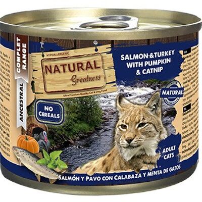 Natural Greatness Salmón con pavo, calabaza y menta de gatos 185 gr AL1061