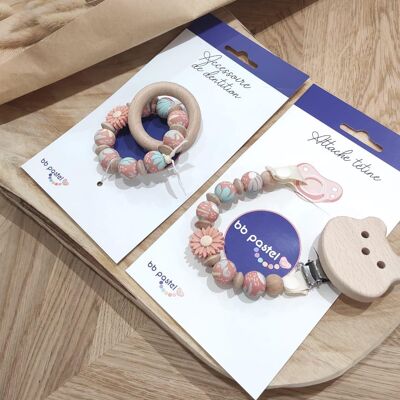 Fancy pacifier clip and daisy bubble flowers teething ring / Box