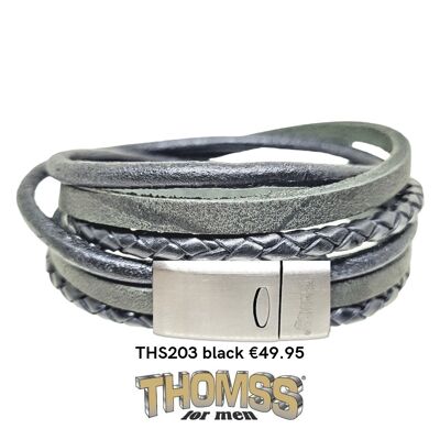 Thomss wrap bracelet with matt silver closure, black leather straps