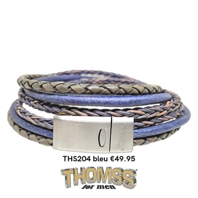 Thomss wrap bracelet with matt silver closure, black leather straps