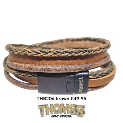 Bracelet wrap Thomss avec fermoir en acier inoxydable noir mat, plusieurs lanières en cuir marron