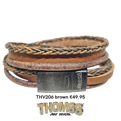 Bracelet wrap Thomss avec fermoir en acier inoxydable vintage mat, plusieurs lanières en cuir marron