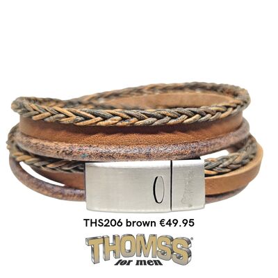 Bracelet wrap Thomss avec fermoir en acier inoxydable argenté mat, plusieurs lanières en cuir marron