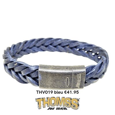 Bracciale Thomss con chiusura in acciaio inossidabile vintage opaco, treccia in pelle blu