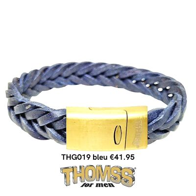 Thomss Armband mit mattgoldener Edelstahlschließe, blaues Ledergeflecht
