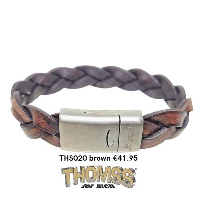 Pulsera Thomss con cierre de plata mate y trenza de piel coñac