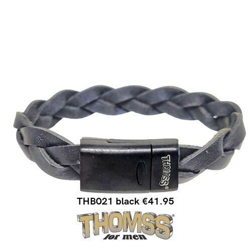 Thomss heren armband, mat zwarte edelstalen sluiting met mat zwarte leren vlecht