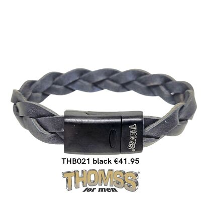Thomss men's bracelet, matte black stainless steel clasp with matte black leather braid