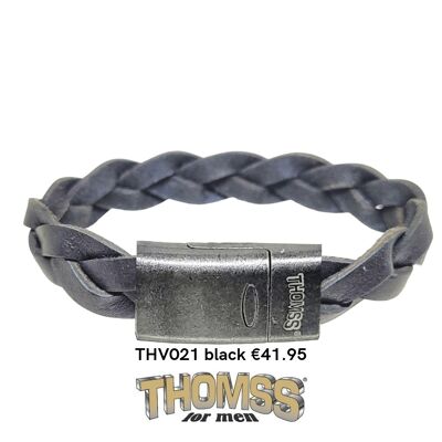 Bracelet homme Thomss, fermoir en acier inoxydable vintage mat avec tresse en cuir noir mat