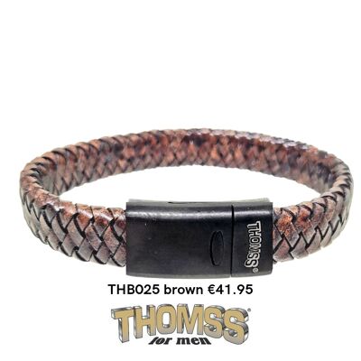 Thomss Armband mit schwarzem Edelstahlverschluss, cognacfarbenes Ledergeflecht