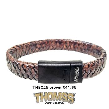 Bracelet Thomss avec fermoir noir en acier inoxydable, tresse en cuir cognac