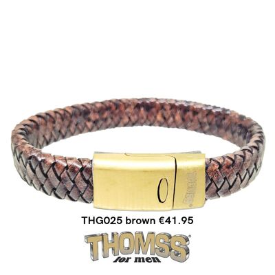 Pulsera Thomss con cierre de acero inoxidable dorado, trenza de cuero color coñac