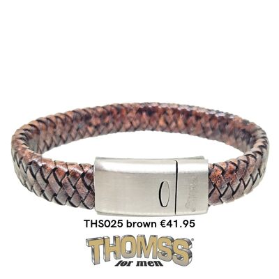Thomss-Armband mit silberner Schließe aus Edelstahl, cognacfarbenes Ledergeflecht