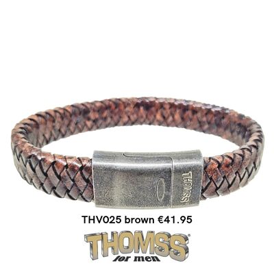 Thomss-Armband mit Vintage-Faltschließe aus Edelstahl, cognacfarbenes Ledergeflecht
