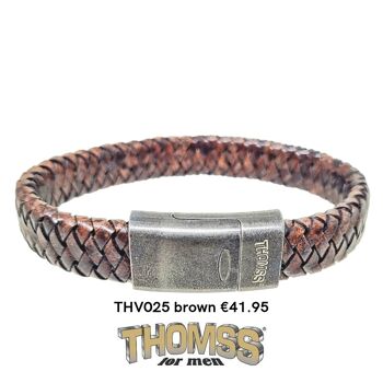Bracelet Thomss avec fermoir vintage en acier inoxydable, tresse en cuir cognac