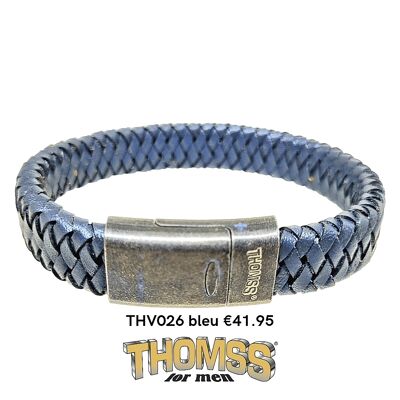 Bracelet Thomss avec fermoir en acier inoxydable vintage mat, tresse en cuir bleu