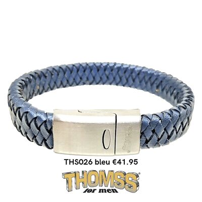 Thomss Armband mit mattsilberner Edelstahlschließe, blaues Ledergeflecht