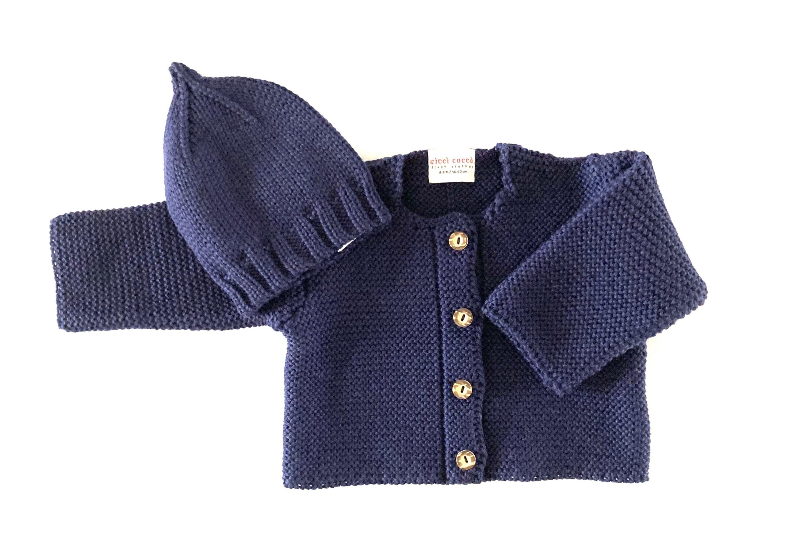 Ensemble : cardigan bébé et bonnet en 100 % laine mérinos ciel du soir