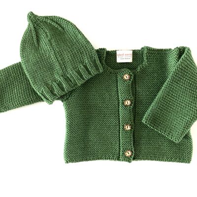 Conjunto: cárdigan y gorro para bebé 100% lana merino spruce