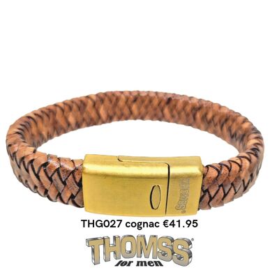 Bracciale Thomss con chiusura in oro opaco e treccia in pelle cognac