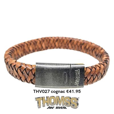 Bracelet Thomss avec fermoir vintage mat et tresse en cuir cognac