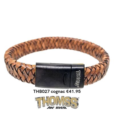 Thomss bracelet with matte black closure and cognac leather braid