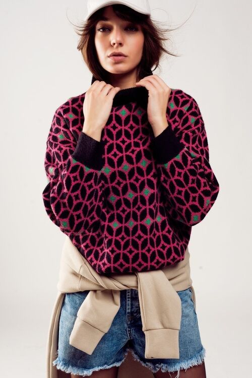 High neck jumper in geo pattern in fuchsia