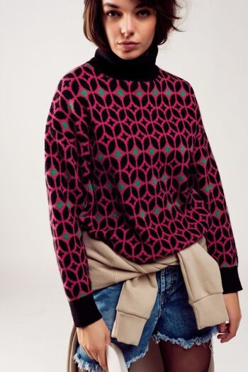 Pull col montant à motif géo fuchsia 3