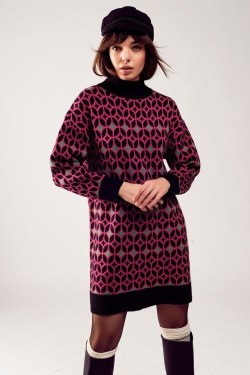 High neck knitted mini sweater dress in geo pattern in fuchsia