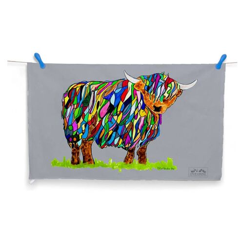 Bright Highland Cow on Grey Tea Towel