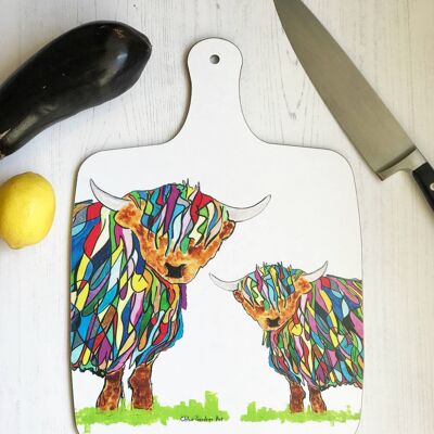 Large Bright Highland Cow & Baby Chopping Board