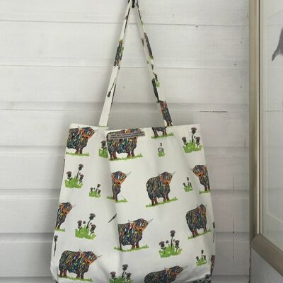 Large Bright Highland Cow & Thistles Shopping Bag -