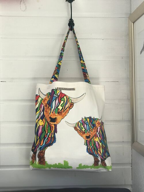 Large Bright Highland Cow & Baby Shopping Bag