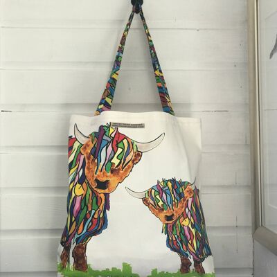 Large Bright Highland Cow & Baby Shopping Bag