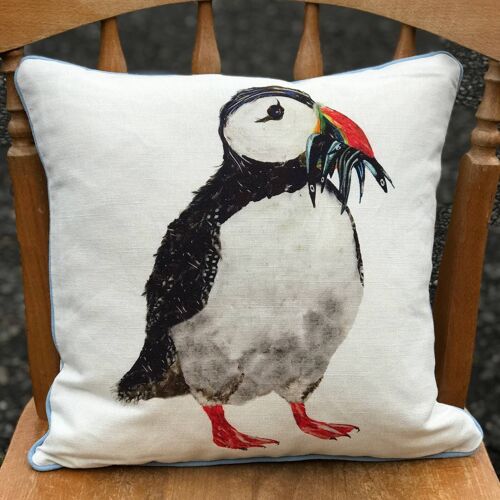 Puffin with Fish on Square Cushion