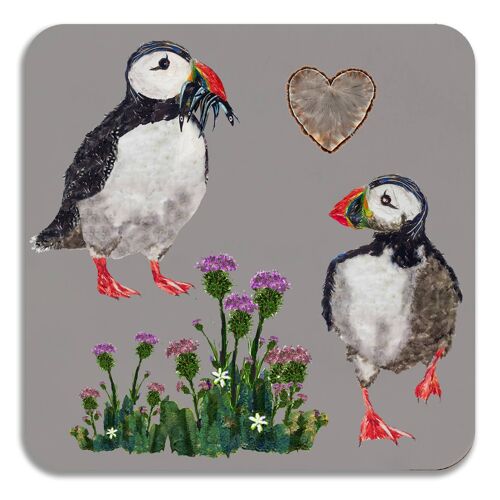 Square Puffins on Grey Coaster