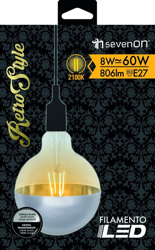 PACK 12 BOMBILLA LED DECORATIVA GLOBO G120 FILAMENTO REGULABLE CUPULA PLATA SUAVE/TRANSPARENTE E27 8W 806LM 2100K