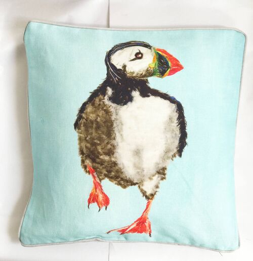 Puffin with Fish on Blue Rectangular Cushion